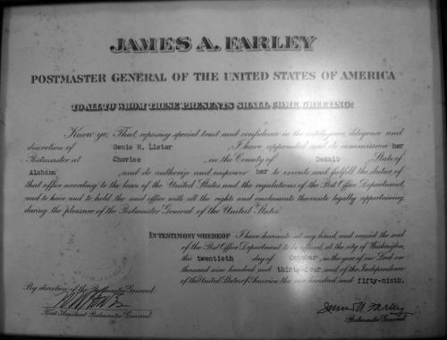 1934 certificate for Chavies Postmistress Genie Lister