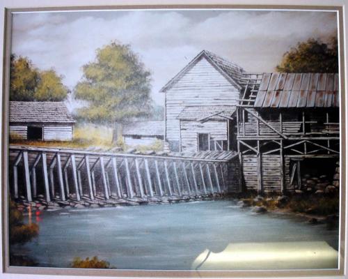 A painting of the dam on Town Creek at Chavies
